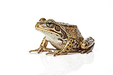 Fototapeta premium Close-up of a small frog with brown and yellow spots on a white background