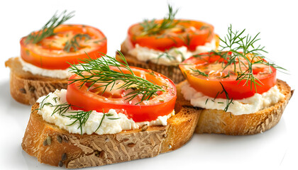 Delicious ricotta bruschettas with sliced tomatoes and dill isolated on white