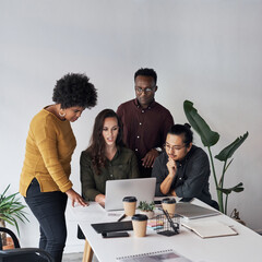 Creative, office and business people at laptop with ideas, advice and collaboration on web design....