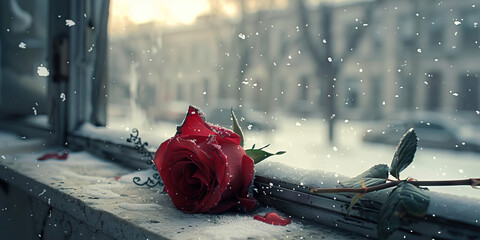 Bleak Winter Days: A single red rose lying on a dusty window sill, overlooking a snow-covered street.