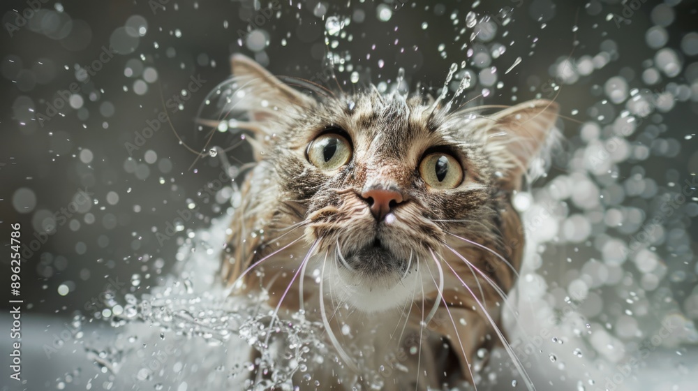 Poster a cat shaking off water after a bath, with droplets flying and a surprised expression.