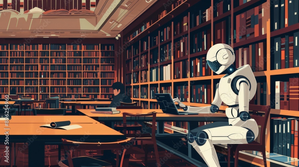 Poster Robot studying in a library with a laptop among bookshelves. AI and robotics in education.