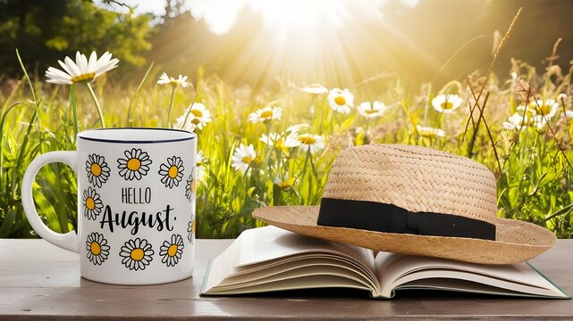 A mug with daisies and the text "Hello August" on it, next to an open book in which a straw hat is placed, against the backdrop of a beautiful sunny meadow