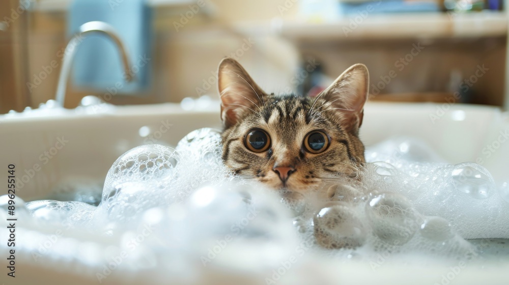 Poster a cat sitting in a bubble-filled bathtub with only its head visible, looking curiously at the camera