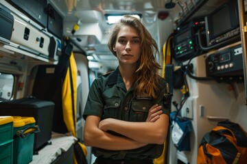 Fototapeta premium Focused female paramedic in ambulance, arms crossed, ready for emergencies