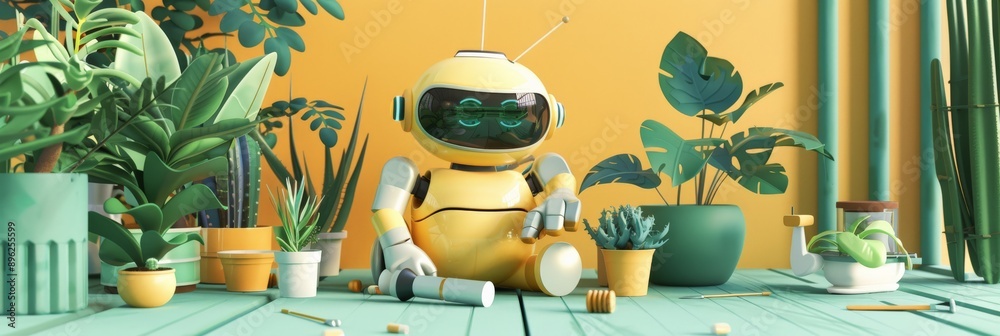 Poster cute yellow robot surrounded by various houseplants in a vibrant setting. concept of technology and 