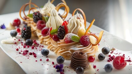 a delicate dessert arrangement featuring intricately designed pastries and fruit, presented like a fine art piece
