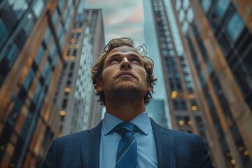 Ambitious professional in suit, looking up between urban skyscrapers