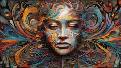Abstract expression of the human mind, chaotic and orderly patterns, bright and dark tones, and layered textures capturing thoughts and feelings