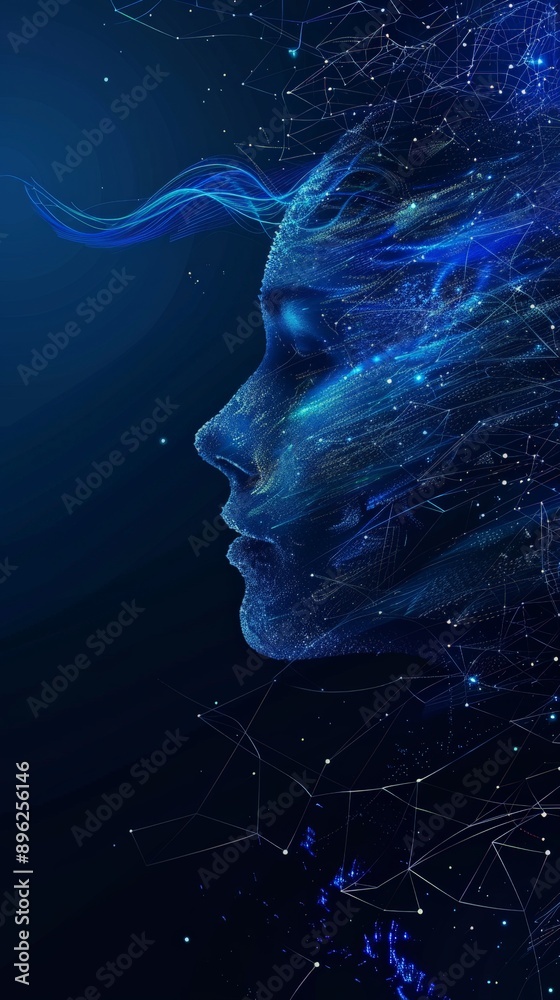 Poster digital face with detailed blue light patterns and glowing effects on a dark background. symbolizes 