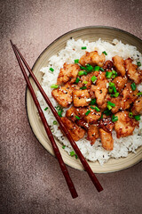 fried chicken teriyaki with rice, green onion and sesame, homemade, no people,