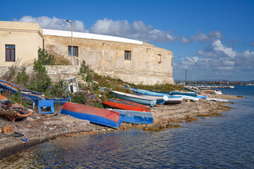 Touristic summer view of the harbor in Trapani, Sicily, Italy, Europe