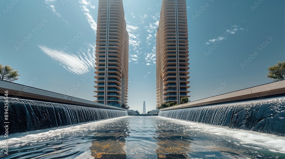 Poster facade of two towers, with water fountains and architecture. generative ai.
