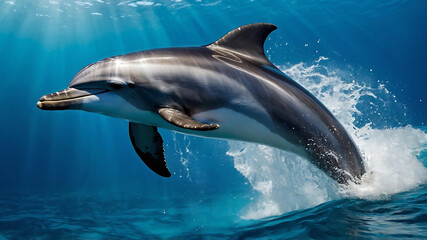A gracefully leaping Dolphin, its sleek body glistening under the sunlight as it arcs through the crystal-clear waters.