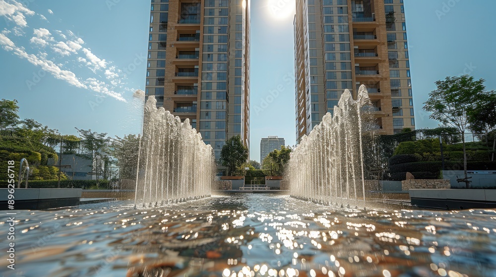 Poster facade of two towers, with water fountains and architecture. generative ai.