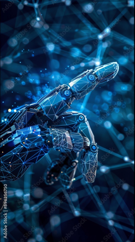 Poster close-up of a robotic hand with neon blue accents reaching out in a high-tech environment. perfect f