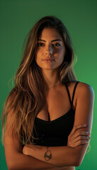 Fototapeta premium Mulher brasileira bonita de 30 anos com cabelo longo e penteado, fundo chroma key, cinematográfico, mostrando os braços IA Generativa