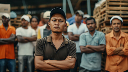 Obraz premium Cinematic shot of group of laborers standing with arms crossed