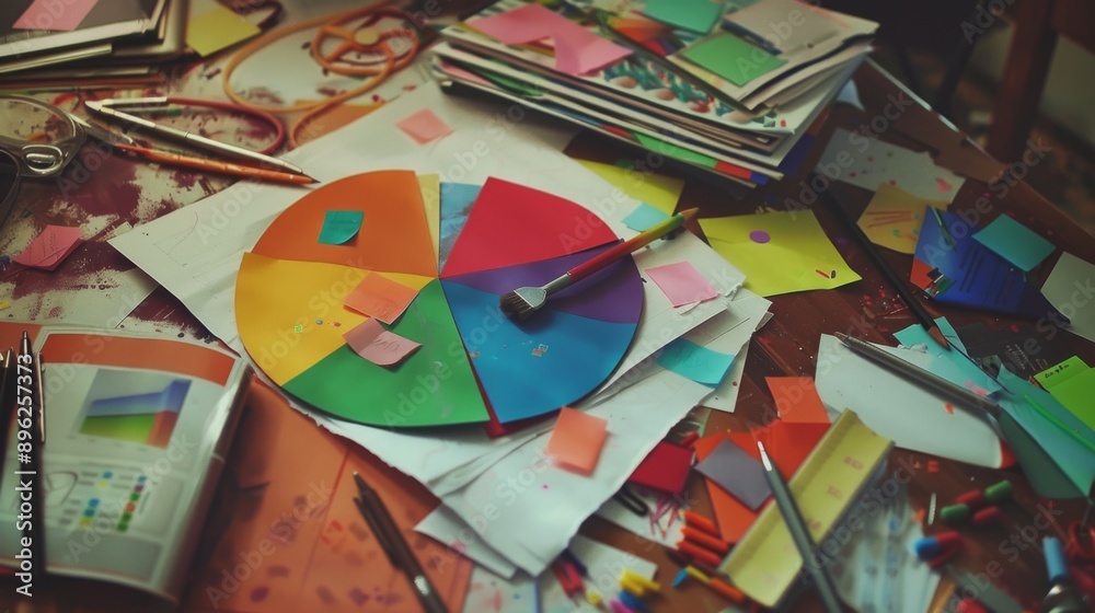 Aufkleber a colorful pie chart printed on a document, laying on a cluttered office desk.
