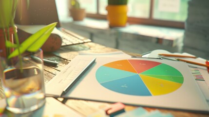 A colorful pie chart printed on a document, laying on a cluttered office desk.