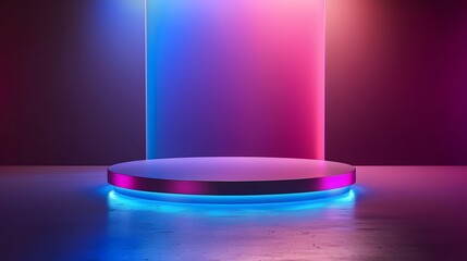 A circular podium with neon blue and pink lighting. The background is a dark gradient with the same colors.
