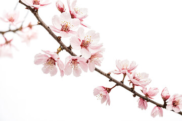 Obraz premium Delicate Pink Cherry Blossoms on a Branch Against a White Background