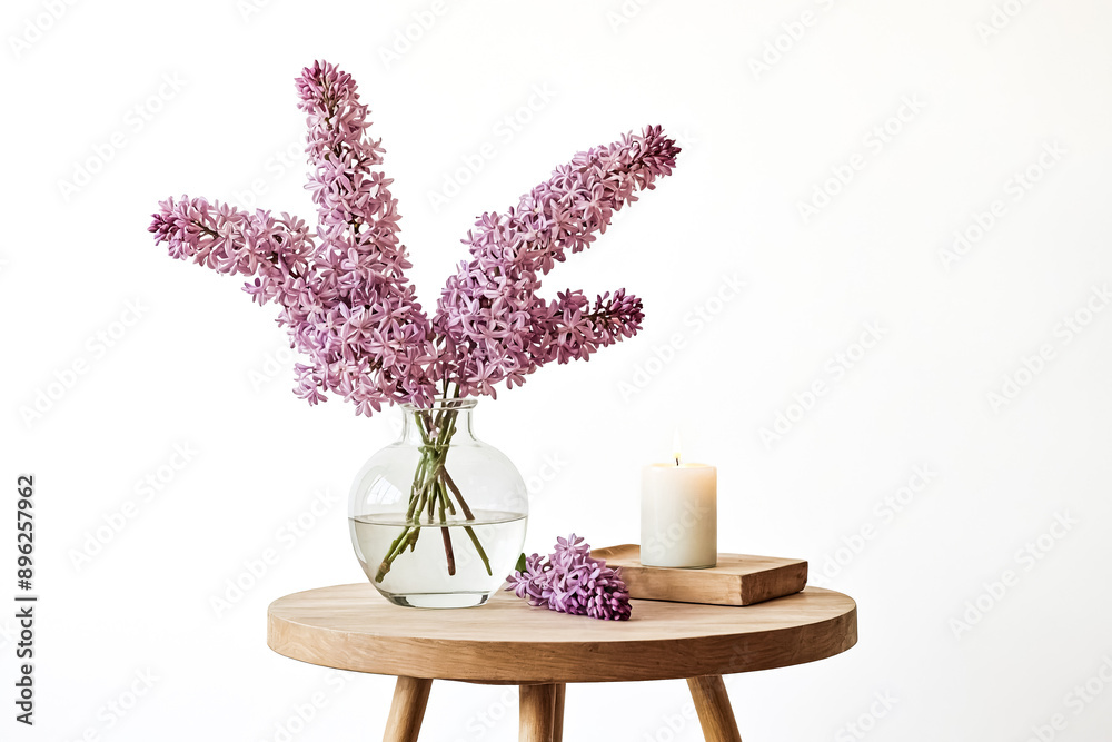 Wall mural Lilac Flowers in a Glass Vase on a Wooden Table with a Candle