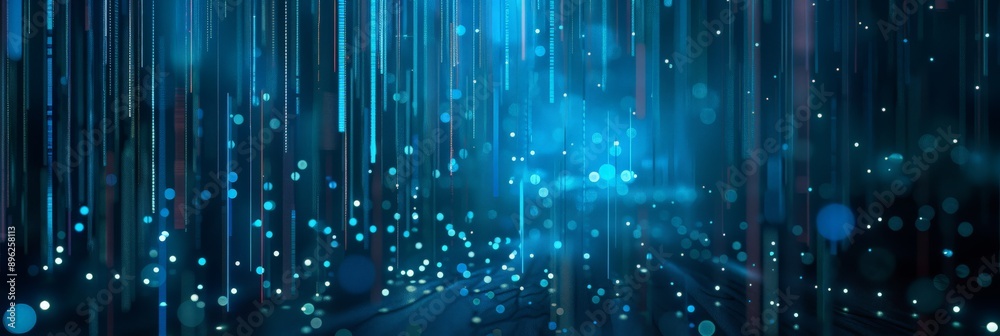 Poster Futuristic abstract background with blue and teal digital lines and bokeh lights. Technology and data flow concept.