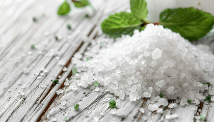 Aromatic sea salt on white wooden table, closeup. Space for text