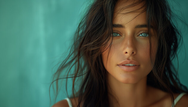 Mulher brasileira bonita de 30 anos com cabelo longo e penteado, fundo chroma key, cinematogr&aacute;fico, mostrando os bra&ccedil;os IA Generativa