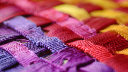 close-up photo of weaving. color palette purple, red, pink and yellow.
