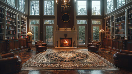 Obraz premium Great hall, library, fireplace. Generative AI.