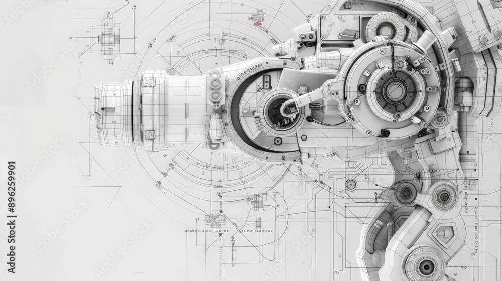 Poster Technical blueprint of a robot arm with mechanical details and futuristic design. Ideal for showcasing engineering, robotics, and technology concepts.