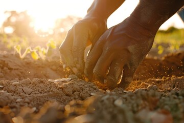 Close up of hands working the soil in a sunny garden. The peaceful scene evokes nature and agriculture themes. Ideal for eco-friendly content. Suitable for blogs and articles. Generative AI