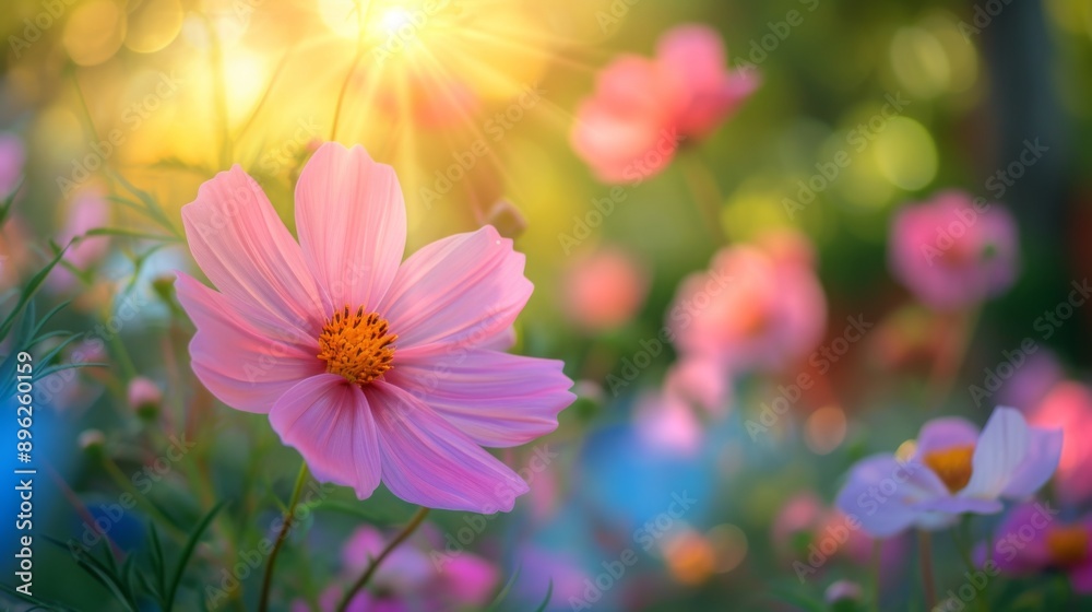 Poster Cosmos flower bathed in warm sunlight, with bright colors and clear details