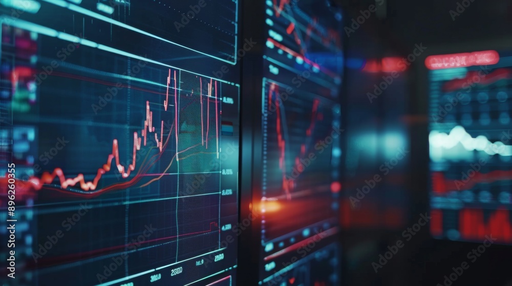 Fototapete A digital screen displaying a line graph with fluctuating stock market data.