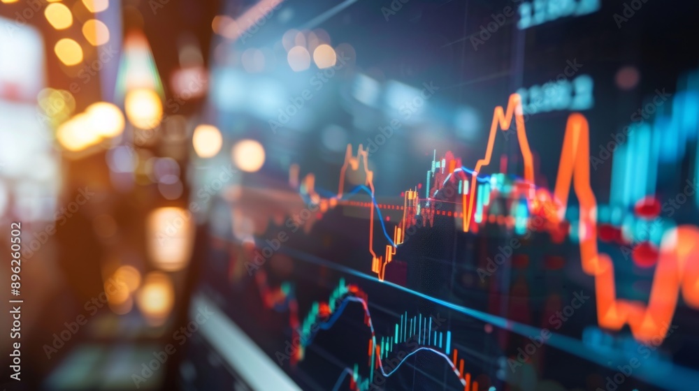 Poster a digital screen displaying a line graph with fluctuating stock market data.