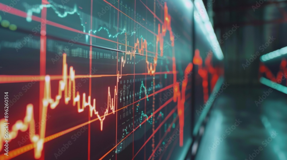 Leinwandbilder A digital screen displaying a line graph with fluctuating stock market data.