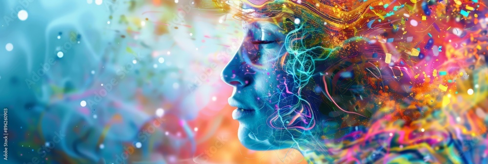 Poster Vivid digital portrait with a blend of colors and light effects, representing AI creativity and innovation. Ideal for technology and futuristic concepts.