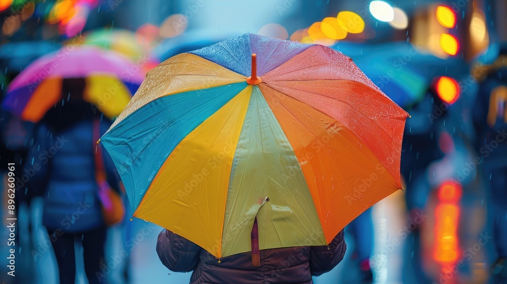Poster rear view. people holding colorful umbrella in the rain with a blurred background. close-up of umbre