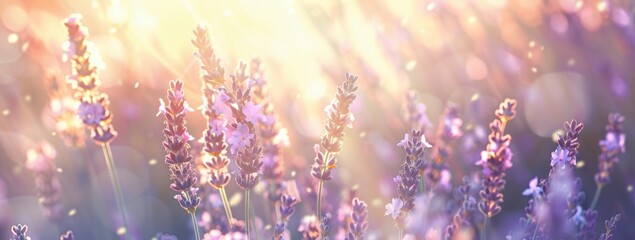 A soft focus background of lavender plants in the sun, with rays of sunlight creating an ethereal and dreamy atmosphere offering a sense of calmness and relaxation Generative AI