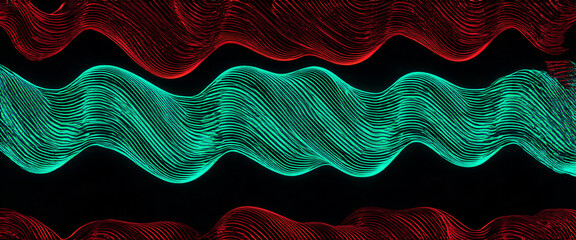 Abstract turquoise and red wave pattern swooshing across the frame