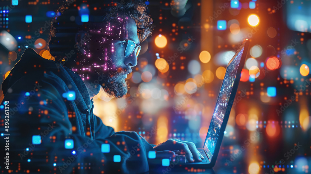Poster iot internet of things, digital marketing, internet network connections, big data. a man using an in