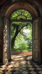 Fototapeta premium Captivating perspective captured in a realistic photo through an enchanting door