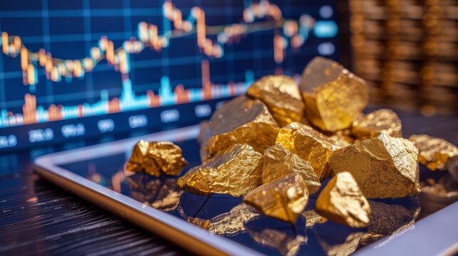 A gold price graph showing a bullish trend, displayed on a digital tablet. - Powered by Adobe