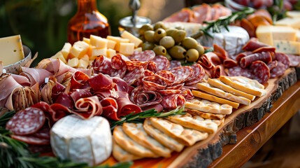 beautifully arranged charcuterie board with various types of meat, cheese and olives on an outdoor table at wedding reception