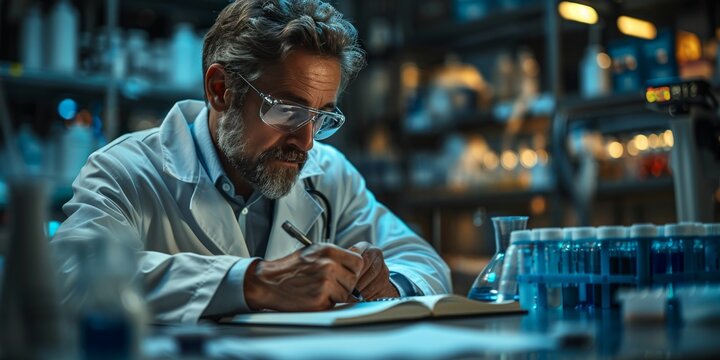  Senior scientist writing notes in a laboratory, surrounded by glassware and scientific equipment, wearing safety glasses and a lab coat