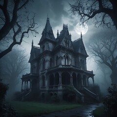 Obraz premium A haunted, gothic mansion shrouded in mist.