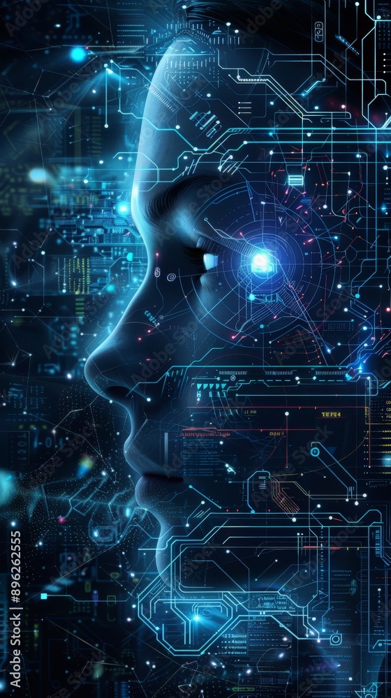 Aufkleber human face with glowing network lines and digital elements. concept of ai and technology.