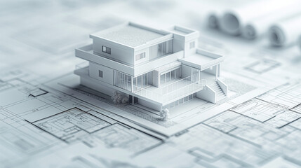 A 3D model of a house or building structure placed on top of architectural blueprints. The model is white and appears to be made of a solid material, possibly plastic or foam